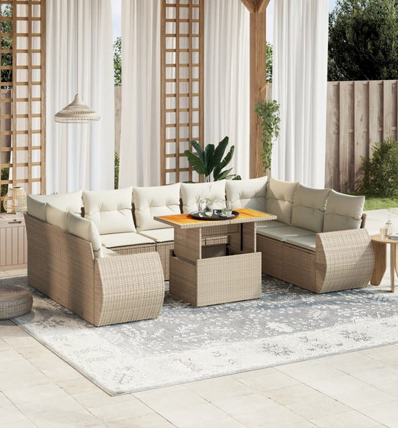 10-tlg. Garten-Sofagarnitur mit Kissen Beige Poly Rattan