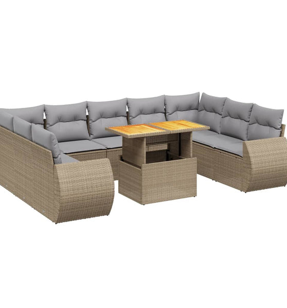 10-tlg. Garten-Sofagarnitur mit Kissen Beige Poly Rattan