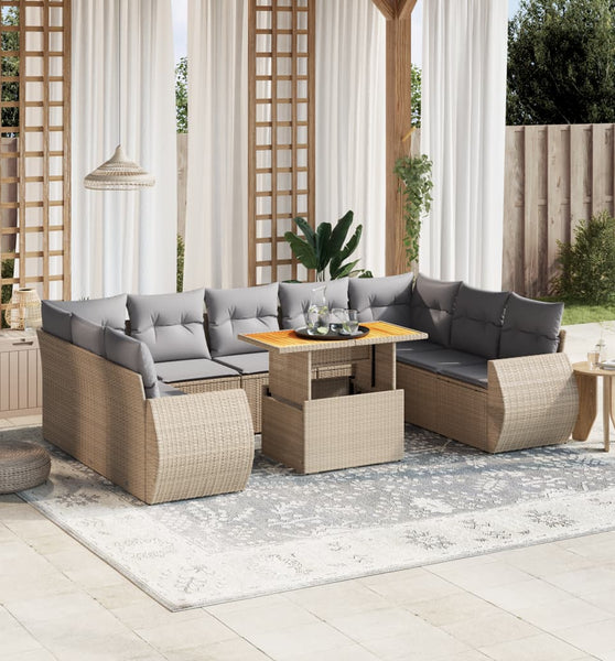10-tlg. Garten-Sofagarnitur mit Kissen Beige Poly Rattan