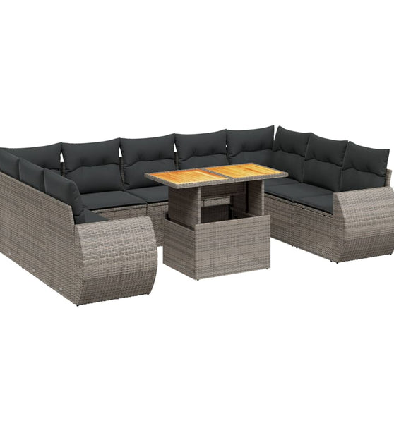 10-tlg. Garten-Sofagarnitur mit Kissen Grau Poly Rattan