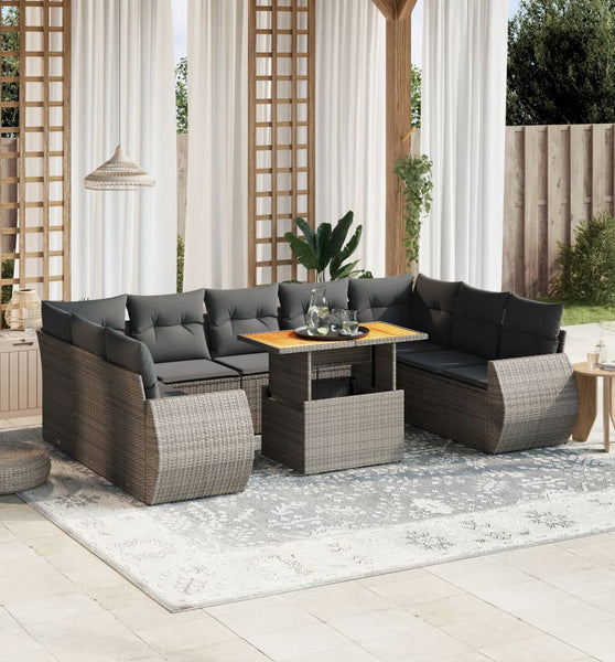 10-tlg. Garten-Sofagarnitur mit Kissen Grau Poly Rattan