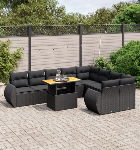 10-tlg. Garten-Sofagarnitur mit Kissen Schwarz Poly Rattan
