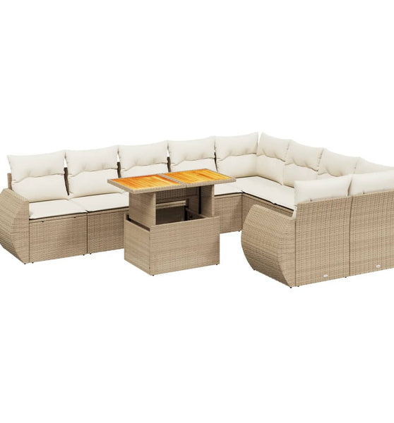 10-tlg. Garten-Sofagarnitur mit Kissen Beige Poly Rattan