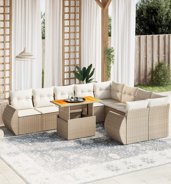 10-tlg. Garten-Sofagarnitur mit Kissen Beige Poly Rattan