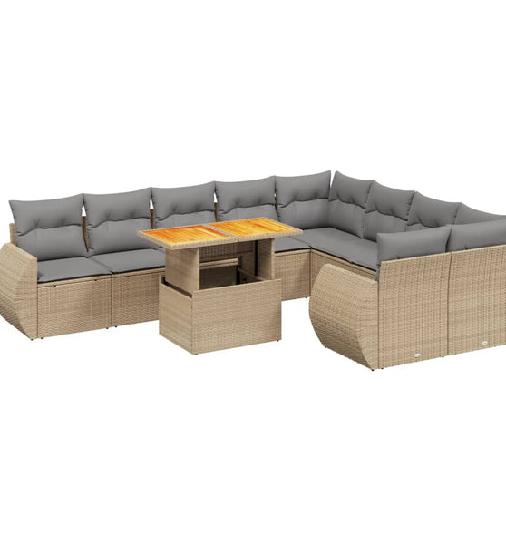 10-tlg. Garten-Sofagarnitur mit Kissen Beige Poly Rattan