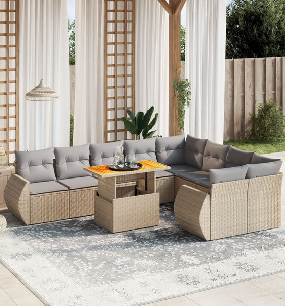 10-tlg. Garten-Sofagarnitur mit Kissen Beige Poly Rattan