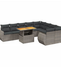 10-tlg. Garten-Sofagarnitur mit Kissen Grau Poly Rattan