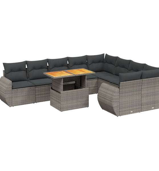 10-tlg. Garten-Sofagarnitur mit Kissen Grau Poly Rattan