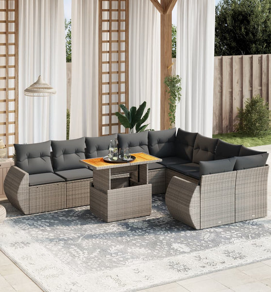 10-tlg. Garten-Sofagarnitur mit Kissen Grau Poly Rattan