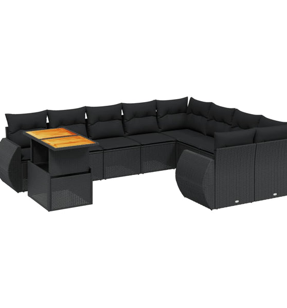 10-tlg. Garten-Sofagarnitur mit Kissen Schwarz Poly Rattan