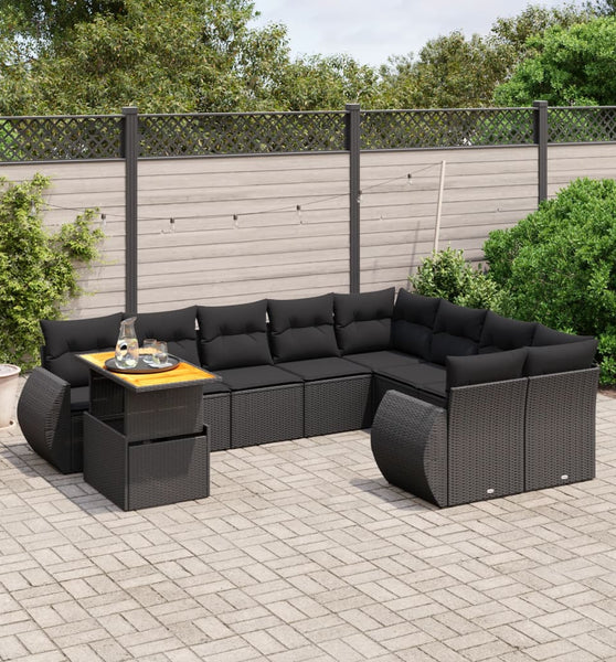 10-tlg. Garten-Sofagarnitur mit Kissen Schwarz Poly Rattan