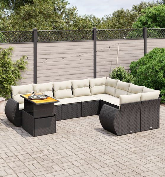 10-tlg. Garten-Sofagarnitur mit Kissen Schwarz Poly Rattan
