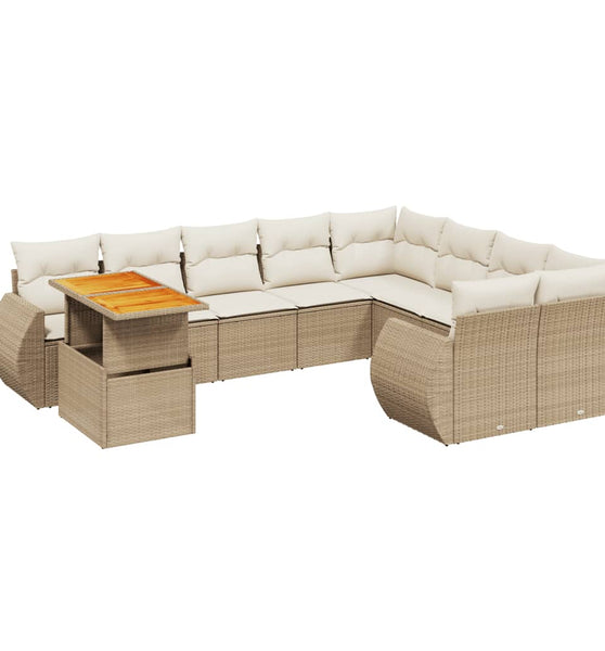 10-tlg. Garten-Sofagarnitur mit Kissen Beige Poly Rattan