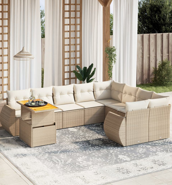 10-tlg. Garten-Sofagarnitur mit Kissen Beige Poly Rattan