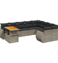 10-tlg. Garten-Sofagarnitur mit Kissen Grau Poly Rattan