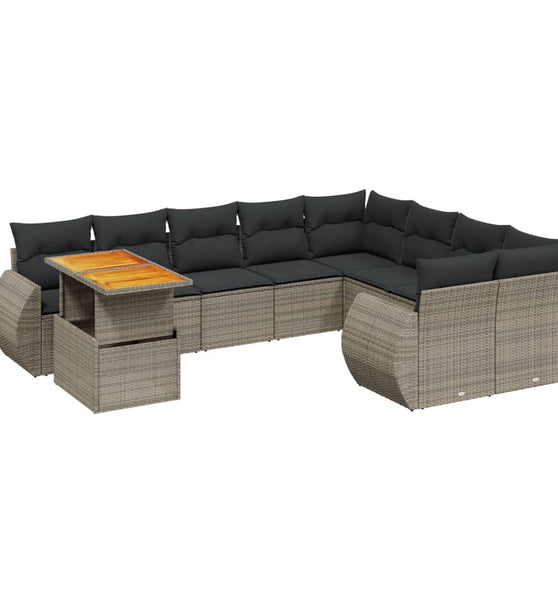 10-tlg. Garten-Sofagarnitur mit Kissen Grau Poly Rattan
