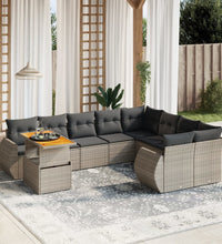 10-tlg. Garten-Sofagarnitur mit Kissen Grau Poly Rattan