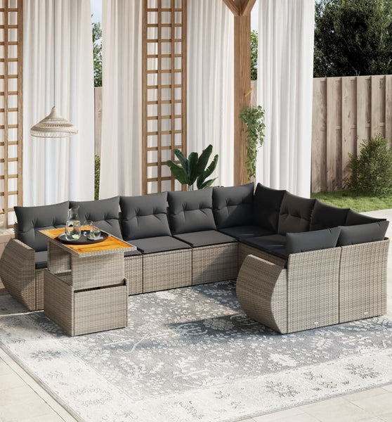 10-tlg. Garten-Sofagarnitur mit Kissen Grau Poly Rattan
