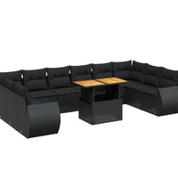 11-tlg. Garten-Sofagarnitur mit Kissen Schwarz Poly Rattan