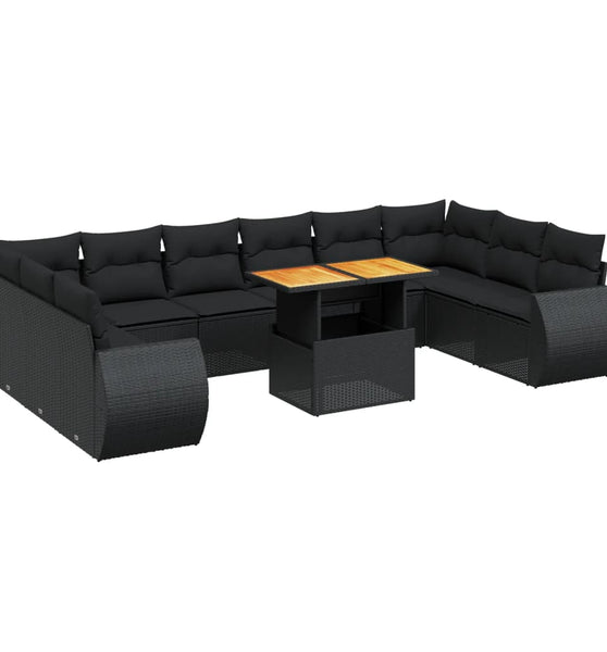 11-tlg. Garten-Sofagarnitur mit Kissen Schwarz Poly Rattan
