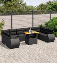11-tlg. Garten-Sofagarnitur mit Kissen Schwarz Poly Rattan