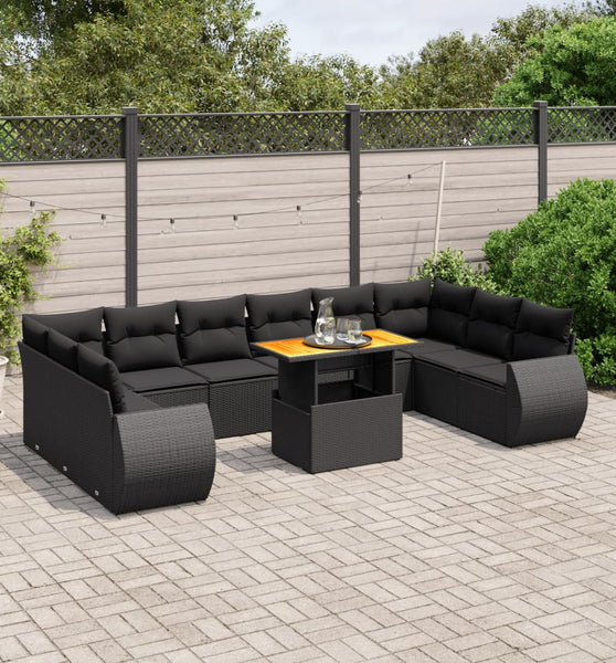11-tlg. Garten-Sofagarnitur mit Kissen Schwarz Poly Rattan
