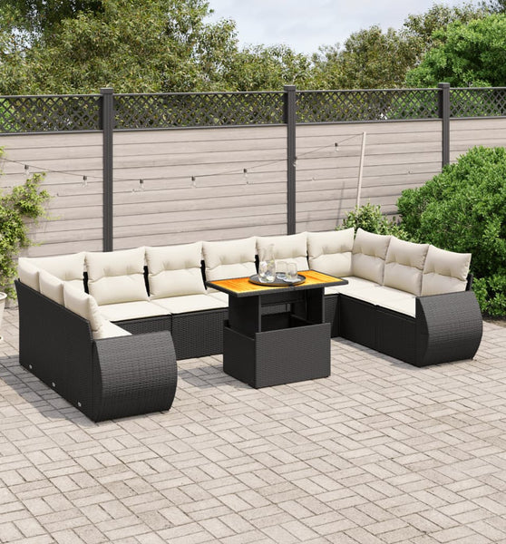 11-tlg. Garten-Sofagarnitur mit Kissen Schwarz Poly Rattan