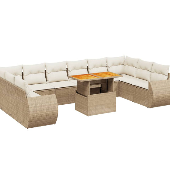 11-tlg. Garten-Sofagarnitur mit Kissen Beige Poly Rattan