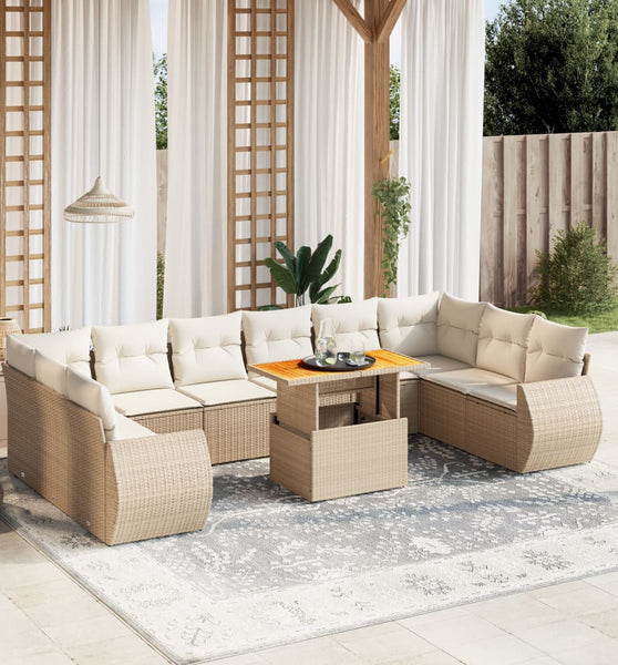 11-tlg. Garten-Sofagarnitur mit Kissen Beige Poly Rattan