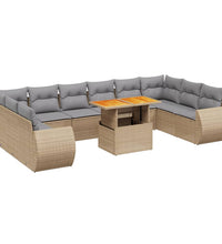 11-tlg. Garten-Sofagarnitur mit Kissen Beige Poly Rattan
