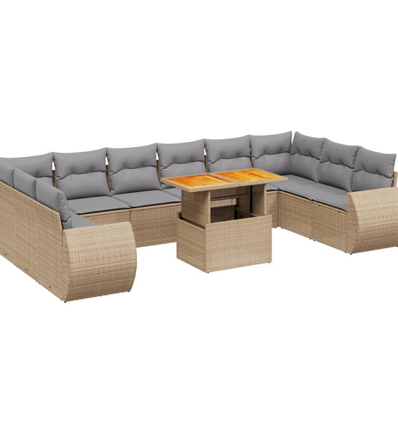 11-tlg. Garten-Sofagarnitur mit Kissen Beige Poly Rattan