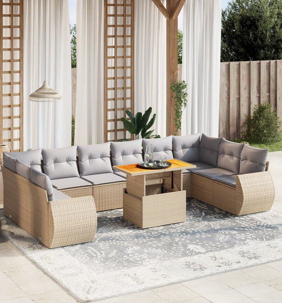11-tlg. Garten-Sofagarnitur mit Kissen Beige Poly Rattan