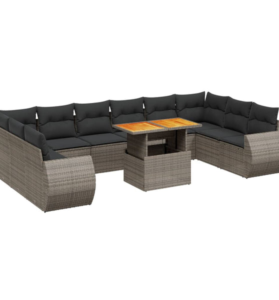 11-tlg. Garten-Sofagarnitur mit Kissen Grau Poly Rattan