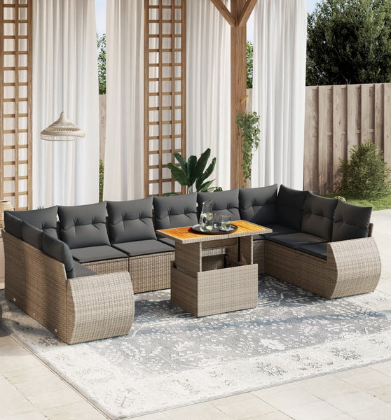 11-tlg. Garten-Sofagarnitur mit Kissen Grau Poly Rattan
