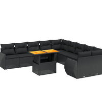 11-tlg. Garten-Sofagarnitur mit Kissen Schwarz Poly Rattan