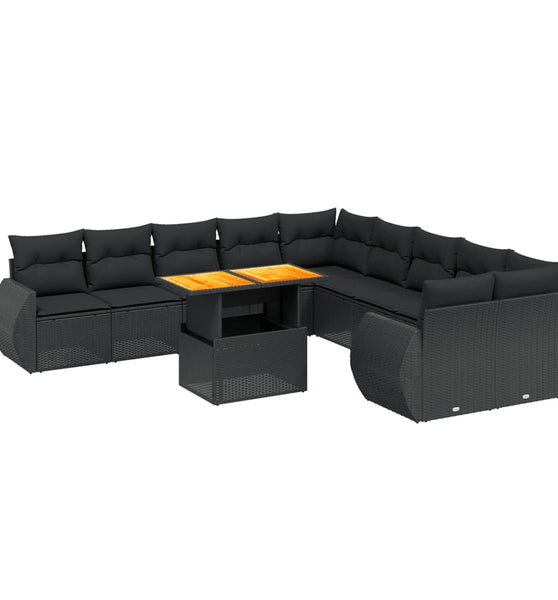 11-tlg. Garten-Sofagarnitur mit Kissen Schwarz Poly Rattan