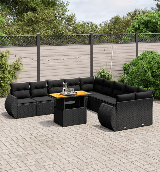 11-tlg. Garten-Sofagarnitur mit Kissen Schwarz Poly Rattan