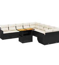 11-tlg. Garten-Sofagarnitur mit Kissen Schwarz Poly Rattan