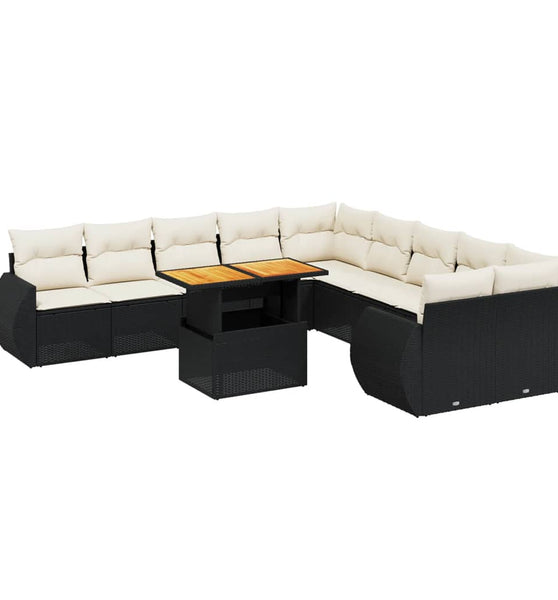 11-tlg. Garten-Sofagarnitur mit Kissen Schwarz Poly Rattan