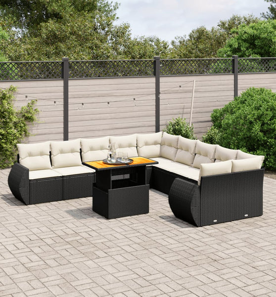11-tlg. Garten-Sofagarnitur mit Kissen Schwarz Poly Rattan