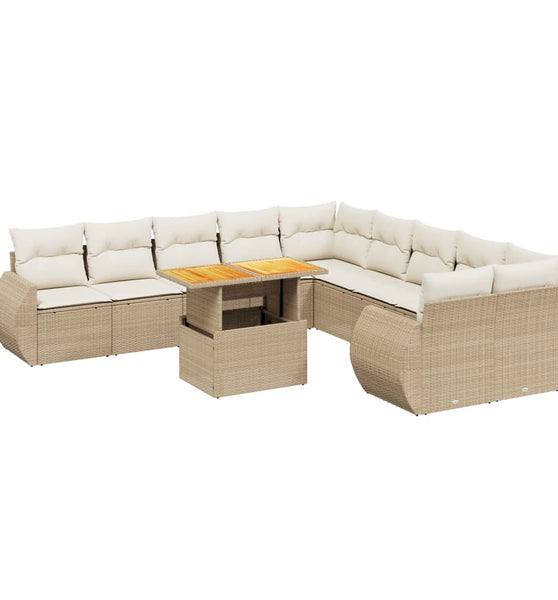 11-tlg. Garten-Sofagarnitur mit Kissen Beige Poly Rattan