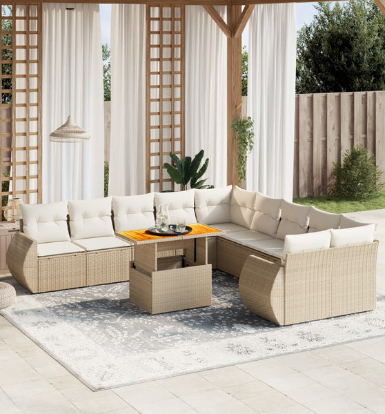 11-tlg. Garten-Sofagarnitur mit Kissen Beige Poly Rattan