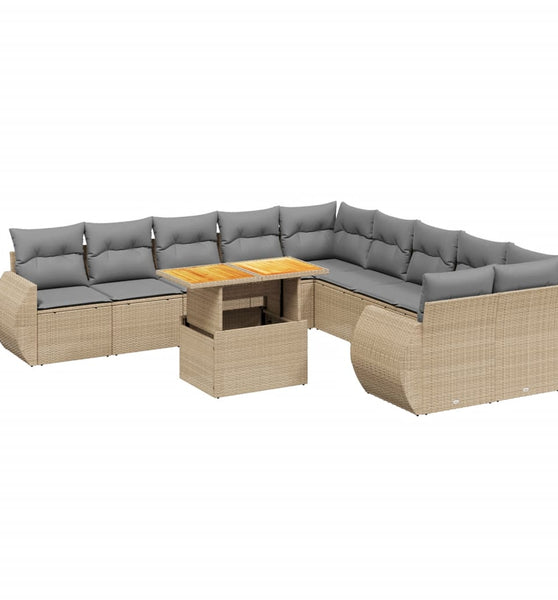 11-tlg. Garten-Sofagarnitur mit Kissen Beige Poly Rattan