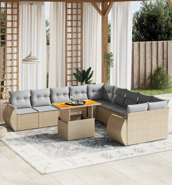 11-tlg. Garten-Sofagarnitur mit Kissen Beige Poly Rattan