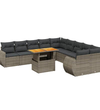 11-tlg. Garten-Sofagarnitur mit Kissen Grau Poly Rattan