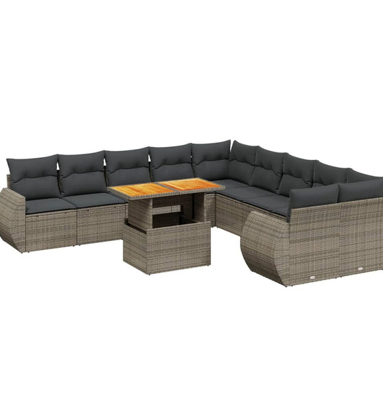 11-tlg. Garten-Sofagarnitur mit Kissen Grau Poly Rattan