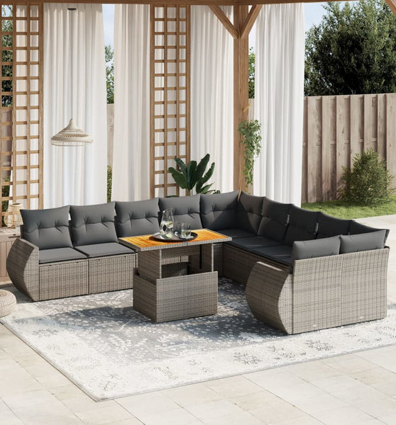 11-tlg. Garten-Sofagarnitur mit Kissen Grau Poly Rattan