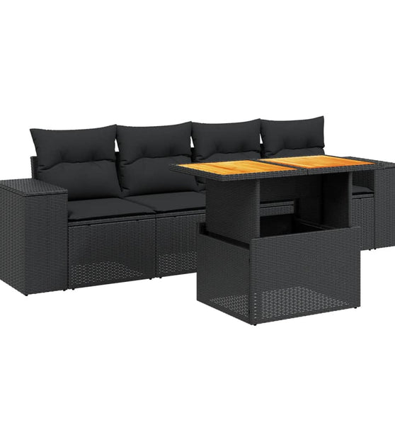 5-tlg. Garten-Sofagarnitur mit Kissen Schwarz Poly Rattan