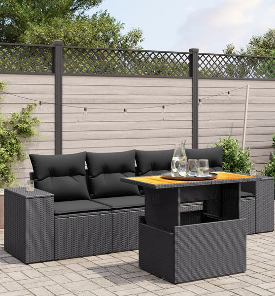 5-tlg. Garten-Sofagarnitur mit Kissen Schwarz Poly Rattan