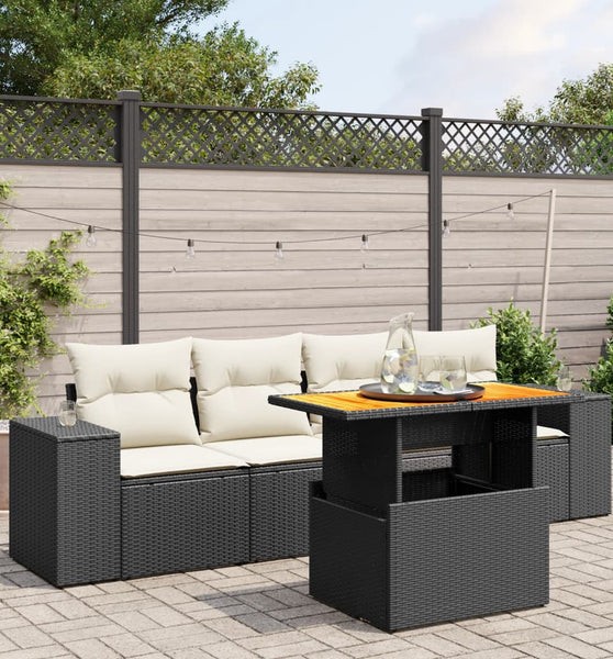 5-tlg. Garten-Sofagarnitur mit Kissen Schwarz Poly Rattan